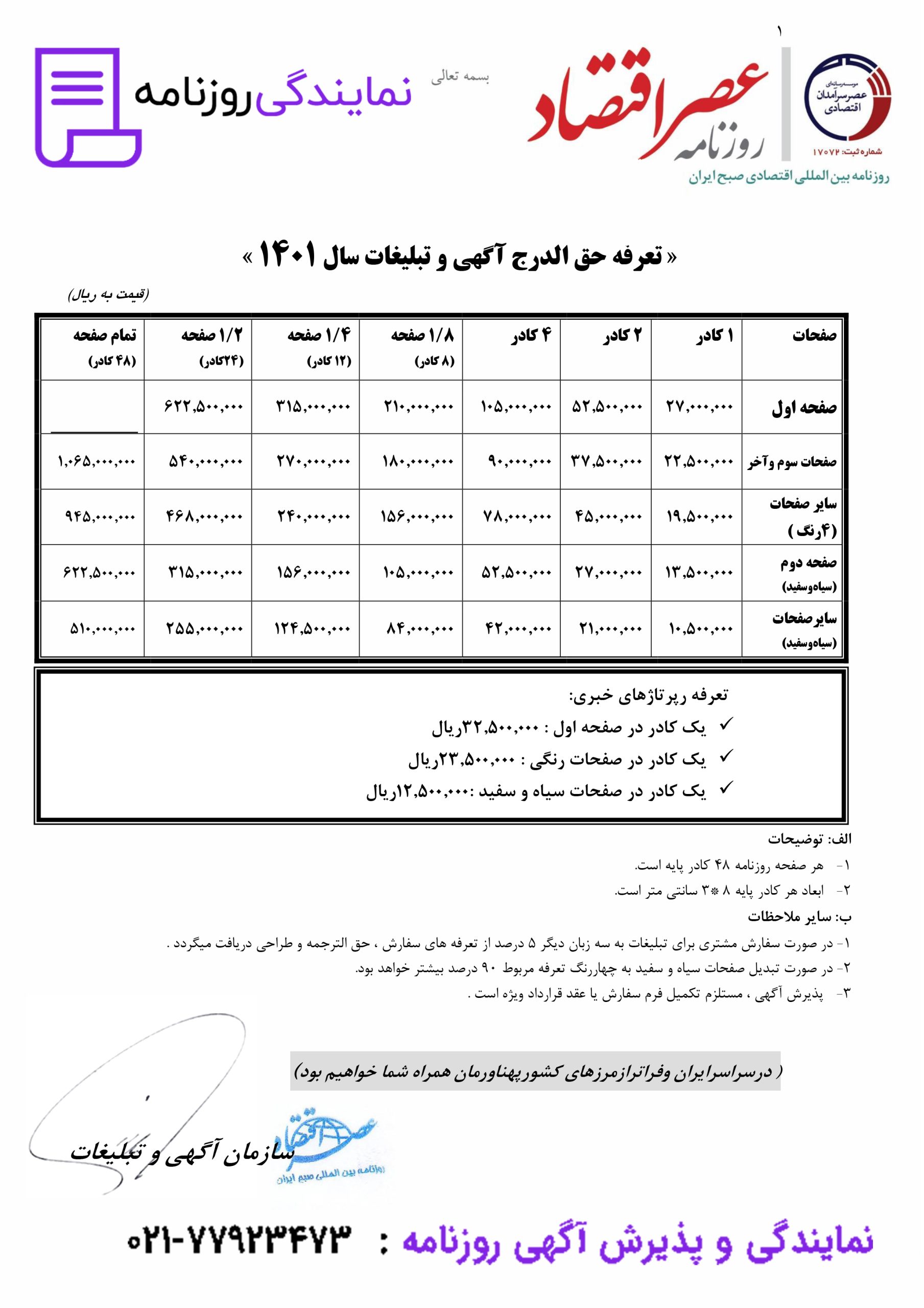 تعرفه روزنامه عصر اقتصاد 1 تعرفه روزنامه عصر اقتصاد