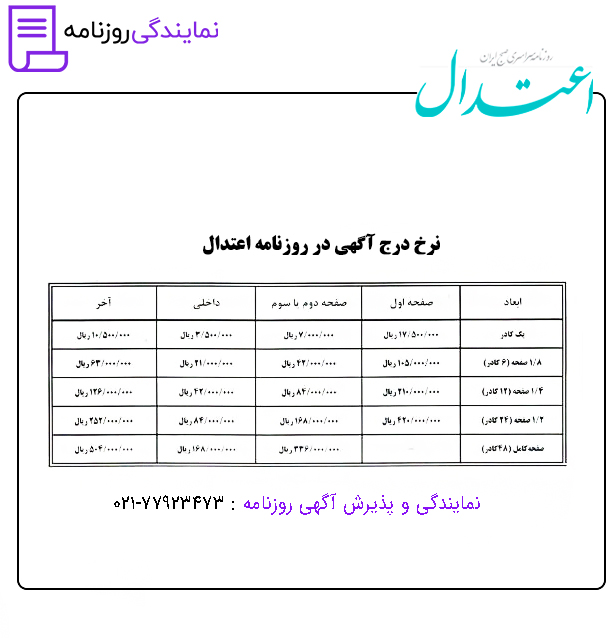 تعرفه روزنامه اعتدال 1 تعرفه اعتدال
