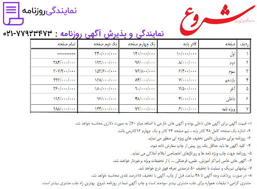 تعرفه روزنامه شروع 1 تعرفه شروع