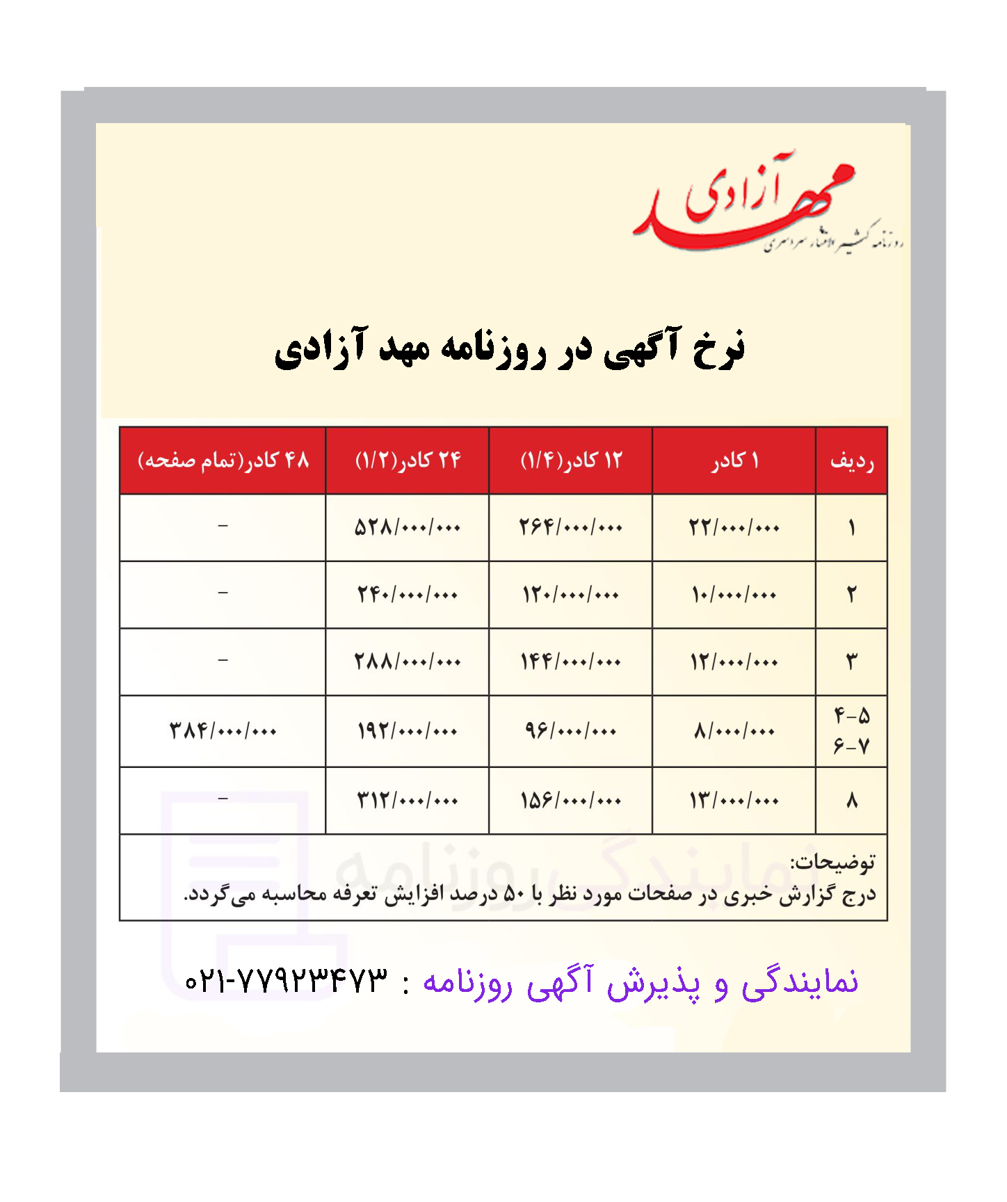 تعرفه روزنامه مهد آزادی 1 تعرفه مهد آزادی