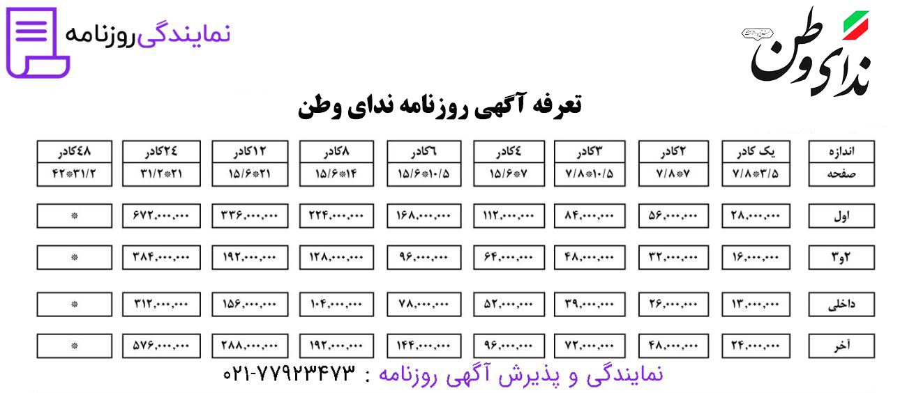 تعرفه روزنامه ندای وطن 1 تعرفه آگهی روزنامه ندای وطن