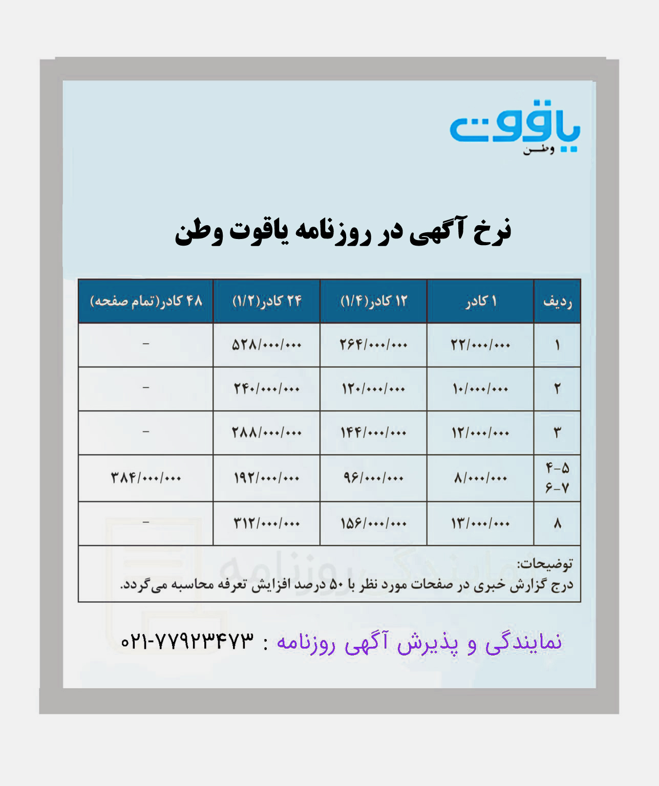 تعرفه روزنامه یاقوت وطن 1 نرخ آگهی روزنامه یاقوت وطن