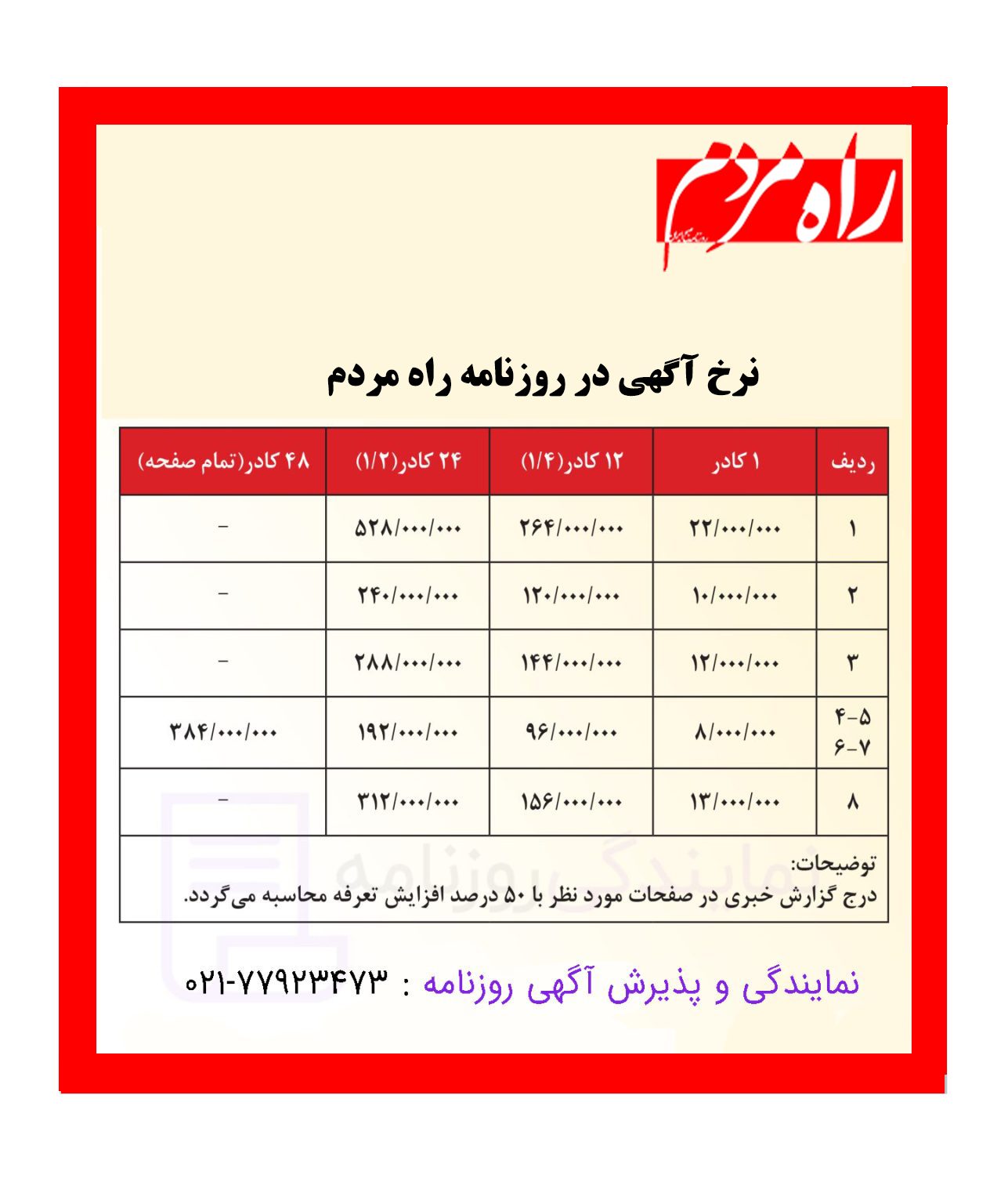 تعرفه روزنامه راه مردم 1 نرخ آگهی در روزنامه راه مردم