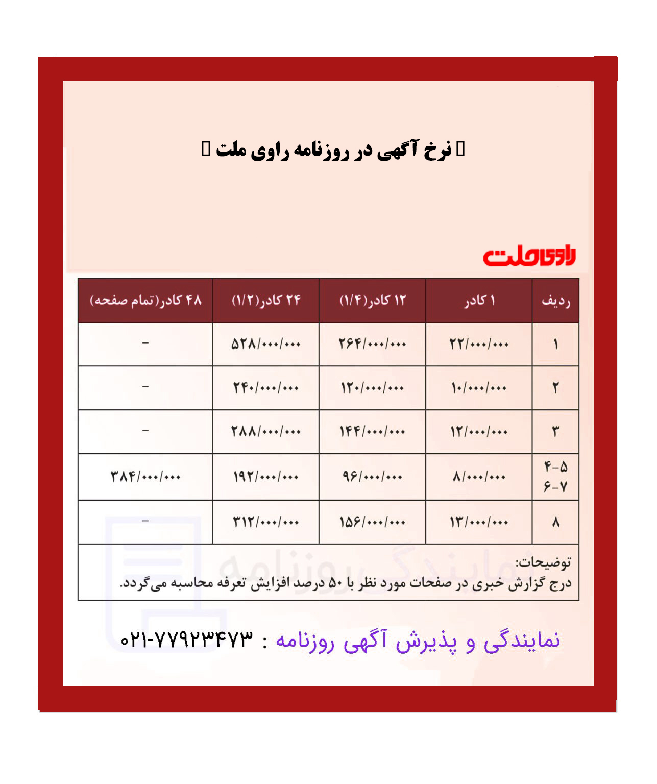 تعرفه روزنامه راوی ملت 1 نرخ آگهی در روزنامه راوی ملت