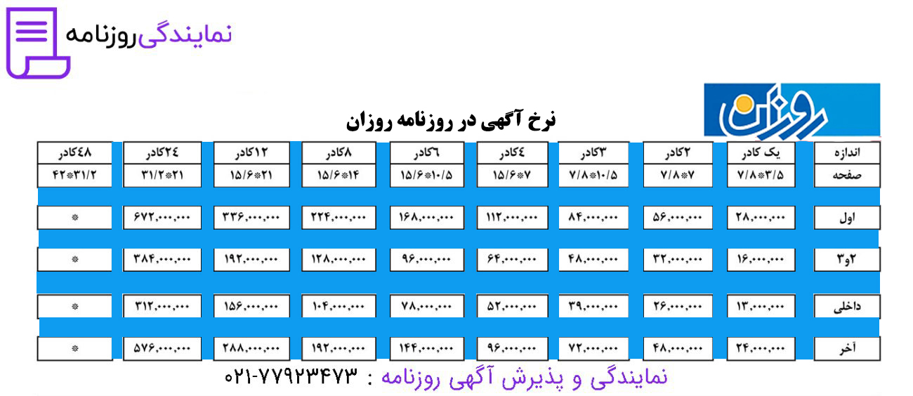 تعرفه روزنامه روزان 1 نرخ آگهی در روزنامه روزان