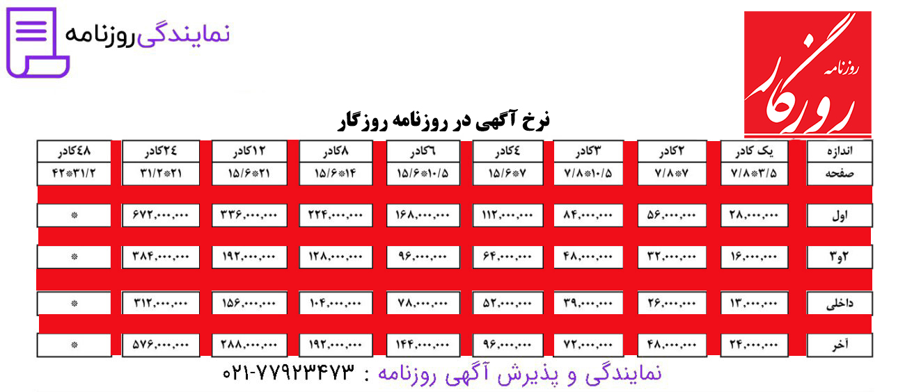 تعرفه روزنامه روزگار 1 نرخ آگهی در روزنامه روزگار