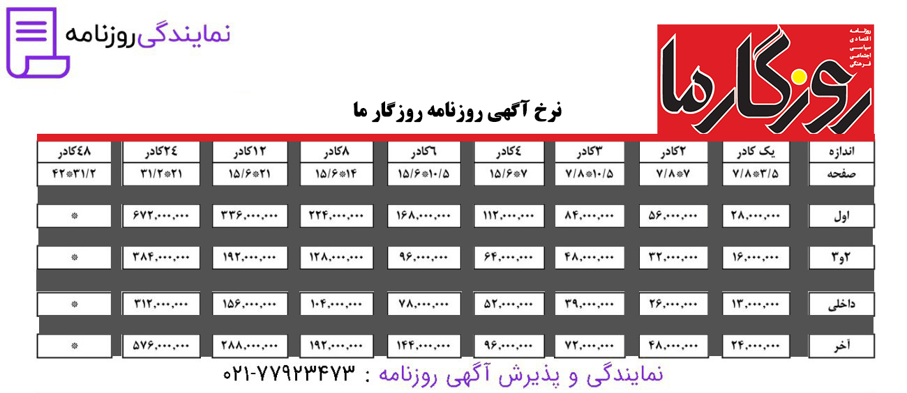 تعرفه روزنامه روزگار ما 1 نرخ آگهی روزنامه روزگار ما