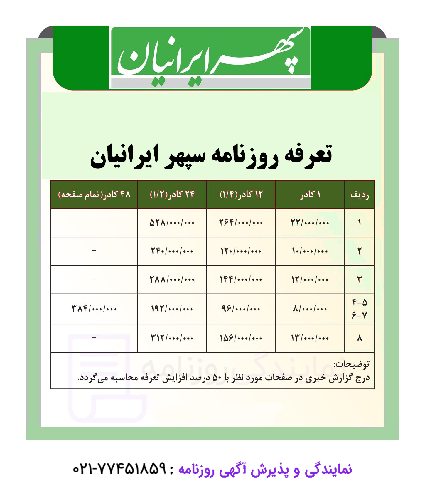 تعرفه روزنامه سپهر ایرانیان 1 نرخ آگهی روزنامه سپهر ایرانیان