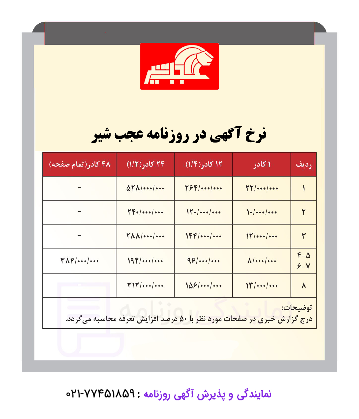 تعرفه روزنامه عجب شیر 1 نرخ آگهی در روزنامه عجب شیر
