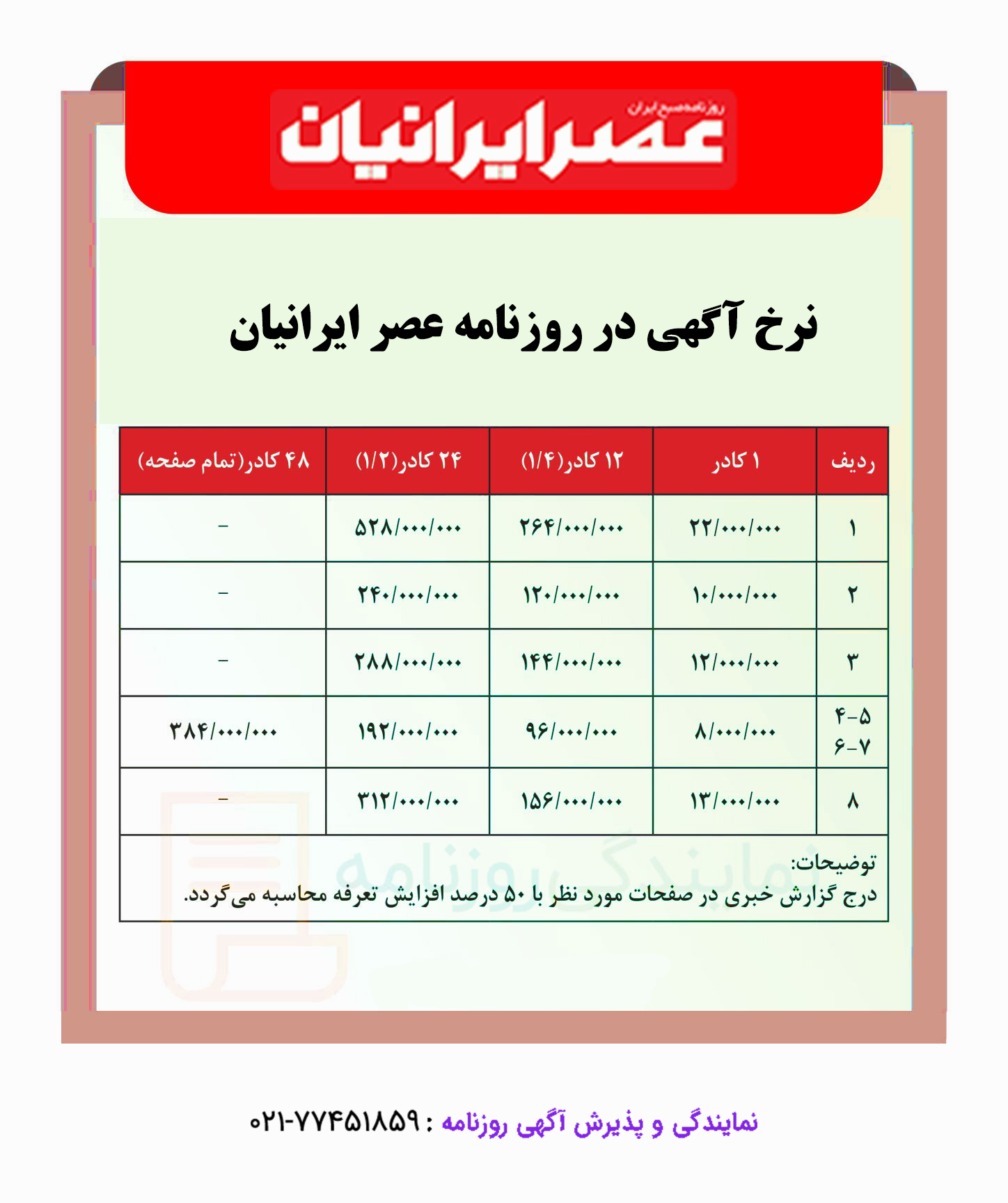 تعرفه روزنامه عصر ایرانیان 1 نرخ آگهی در روزنامه عصر ایرانیان