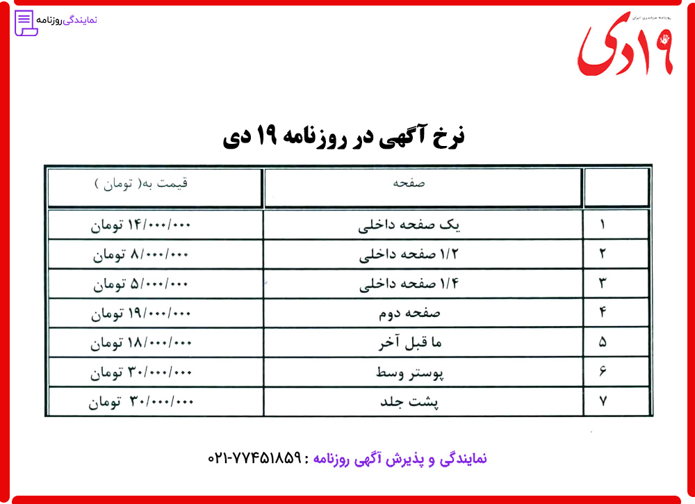 تعرفه روزنامه ۱۹ دی 1 نرخ آگهی در روزنامه ۱۹ دی