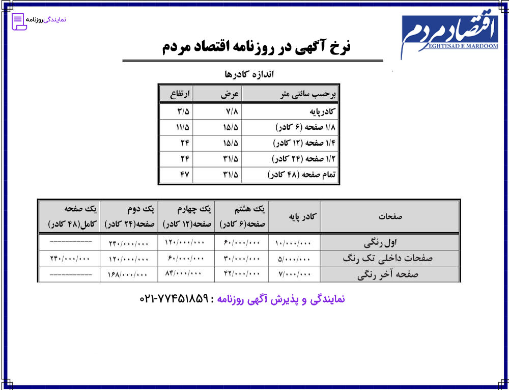 تعرفه روزنامه اقتصاد مردم 1 نرخ آگهی در روزنامه اقتصاد مردم