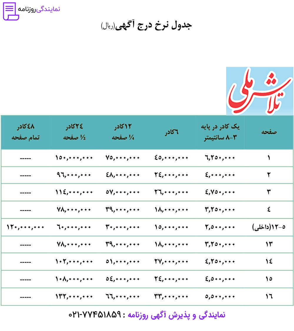 تعرفه روزنامه تلاش ملی 1 نرخ آگهی در روزنامه تلاش ملی