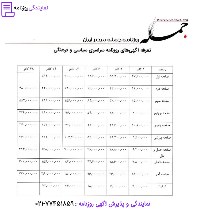 تعرفه روزنامه جمله 1 نرخ آگهی در روزنامه جمله