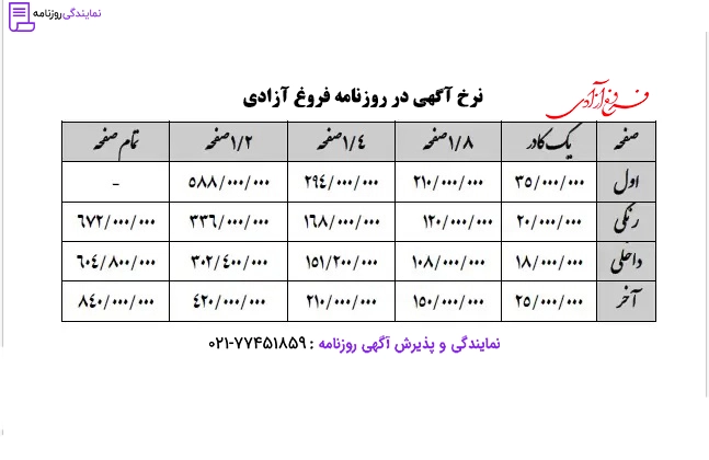تعرفه روزنامه فروغ آزادی 1 نرخ آگهی در روزنامه فروغ آزادی